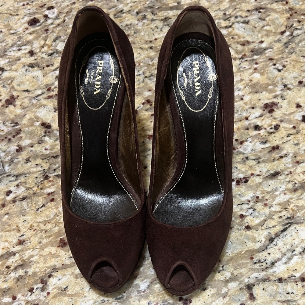 Prada Women's Dark Brown Peep-Toe Heels